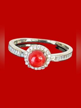925 Sterling Silver Ring with Natural Red Coral & CZ